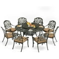 thumbnail image 1 of 9-Piece Patio Furniture Dining Set, All Weather Cast Aluminum Outdoor Conversation Set- 61" Round Patio Dining Table with Detachable Lazy Susan & 8 Cushioned Chairs, Umbrella Hole, Khaki, 1 of 9