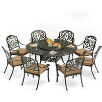 9-Piece Patio Furniture Dining Set, All Weather Cast Aluminum Outdoor Conversation Set- 61" Round Patio Dining Table with Detachable Lazy Susan & 8 Cushioned Chairs, Umbrella Hole, Khaki