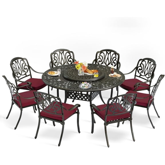 9-Piece Patio Furniture Dining Set, All Weather Cast Aluminum Outdoor Conversation Set- 61" Round Patio Dining Table with Detachable Lazy Susan & 8 Cushioned Chairs, Umbrella Hole, Chili Red