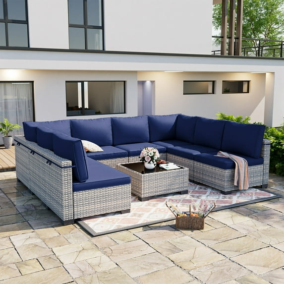9-Piece Patio Furniture Set, Outdoor Patio Furniture with Thick Cushions, Modular Patio Sofa, Dual-Strand Wicker Rattan, Rust-Resistant Frame, Backyard Furniture for Garden, Deck, Navy Blue