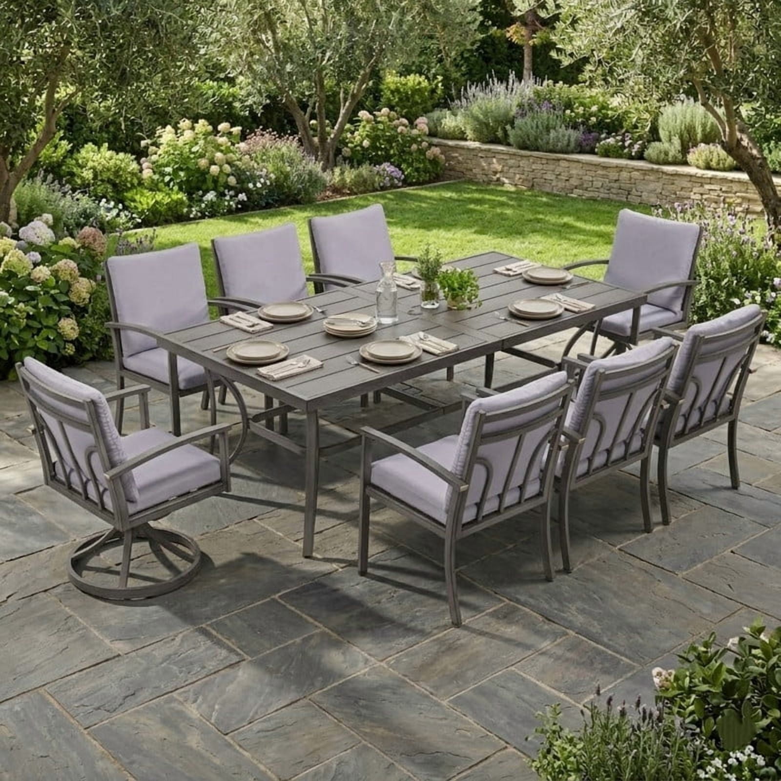9-Piece Patio Outdoor Dining Set - All Aluminum Patio Table and Chairs Set for 8 Includes 1 Rectangular Dining Table, 6 Dining Chairs and 2 Swivel Chairs