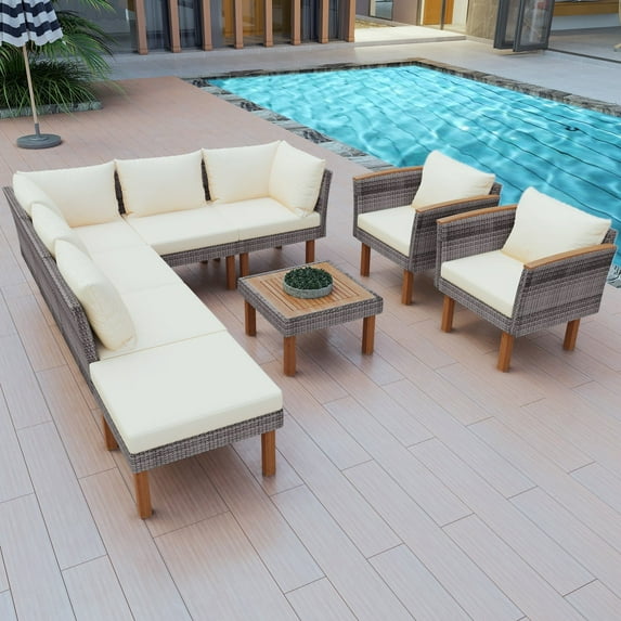 9-Piece Patio Rattan Furniture Set, Outdoor Conversation Set, Acacia Wood Legs and Tabletop, Sectional Sofa Set with Coffee Table and Cushion, Beige