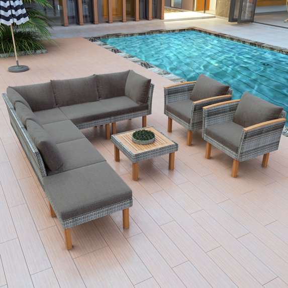 9-Piece Patio Rattan Furniture Set, Outdoor Conversation Set, Acacia Wood Legs and Tabletop, Sectional Sofa Set with Coffee Table and Cushion, Gray