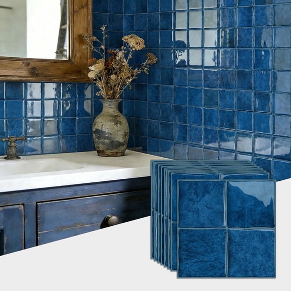 9 Piece Peel and Stick Tiles Stickers 6" x 6" Blue Mosaic Marbling DIY Decor 3D Wall Decals Sticker Waterproof Kitchen Backsplash