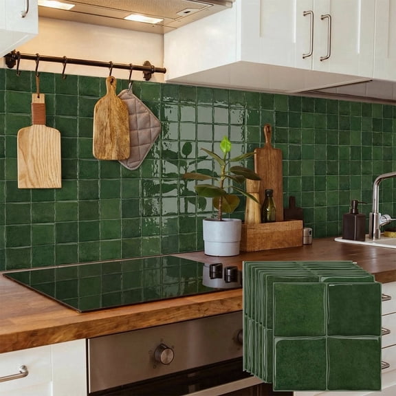 9 Piece Peel and Stick Tiles Stickers 6" x 6" DIY Decor Wall Decals Green 3D Mosaic Marbling Sticker Waterproof Kitchen Backsplash