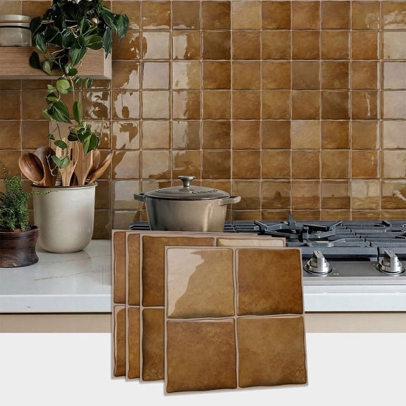 9 Piece Peel and Stick 3D Tiles Stickers 6" x 6" Wall Decals DIY Decor Brown Mosaic Marbling Sticker Waterproof Kitchen Backsplash