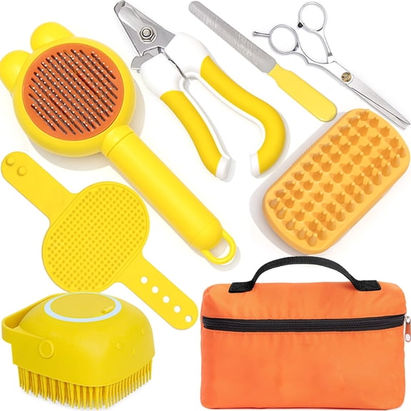 9 Piece Pet Bath Grooming Kit, Dog Slicker Hair Brush Set with Deshedding Comb, Nail Clippers and File for Shedding, Bathing, Massage, Yellow