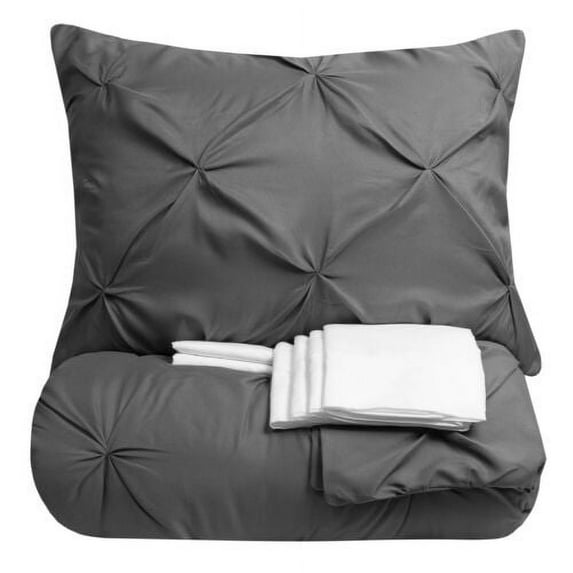 9 Piece Pinch Pleat Pintuck Gray Comforter Bed-in-a-Bag Set with Sheets