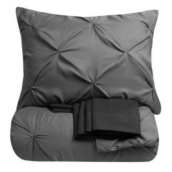 9 Piece Pinch Pleat Pintuck Gray Comforter Bed-in-a-Bag Set with Sheets