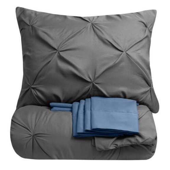 9 Piece Pinch Pleat Pintuck Gray Comforter Bed-in-a-Bag Set with Sheets