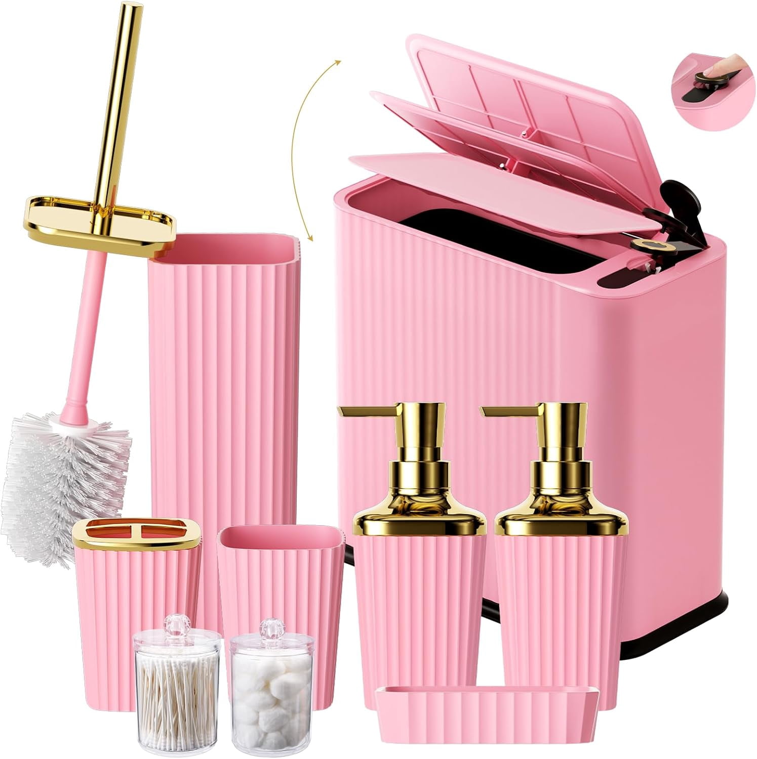 9-Piece Pink Bathroom Accessories Set - Cute & Functional Set with Slim Trash Can, Soap Dish & Jars - Ideal Gift for Girls, Dorm Room & Modern Vanity Decor