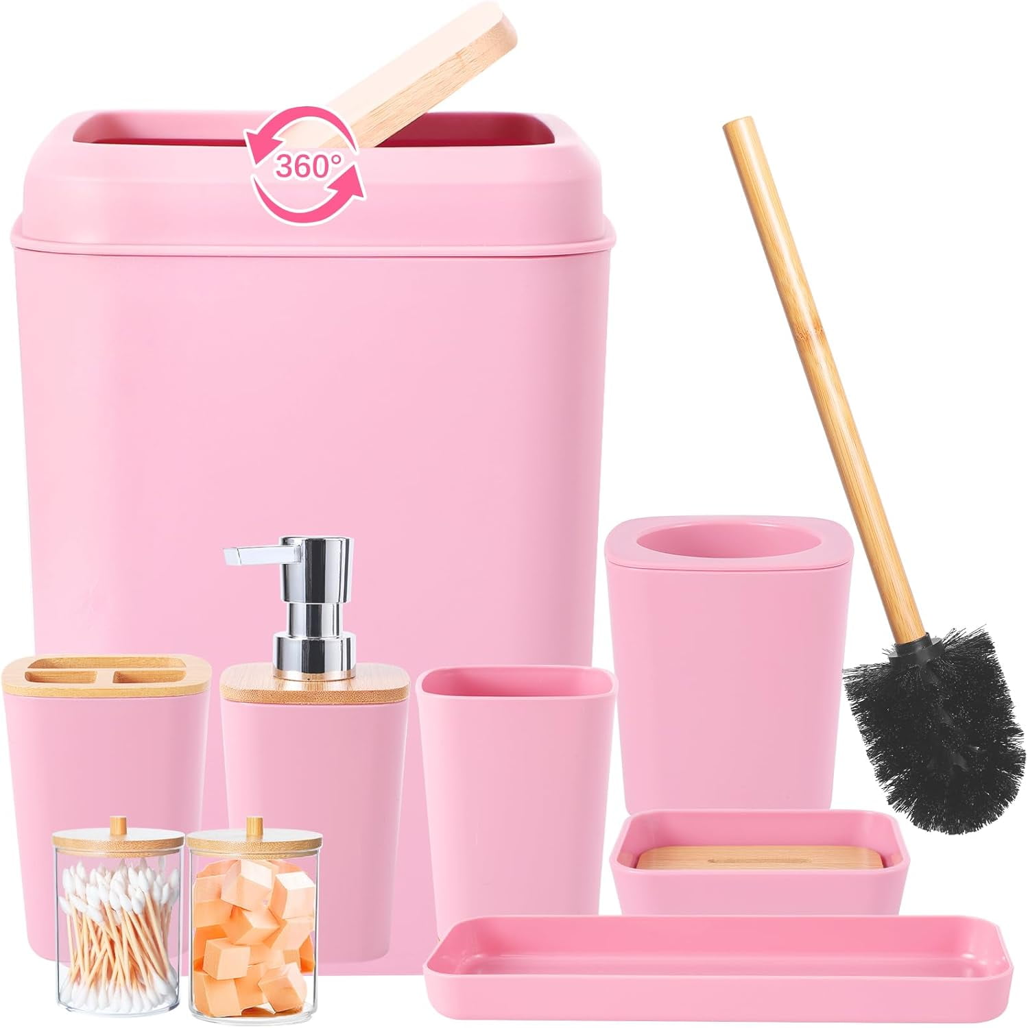 9 Piece Pink Plastic and Wood Bathroom Accessories Set