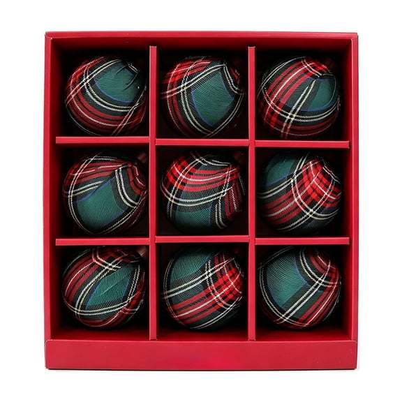 9‑Piece Plaid Christmas Ball Ornament Set, Fabric‑Wrapped Shatterproof Baubles, Vintage Tartan Hanging Decorations, Gift‑Boxed Holiday Ornaments for Xmas Tree Wreath & Home Seasonal Decor