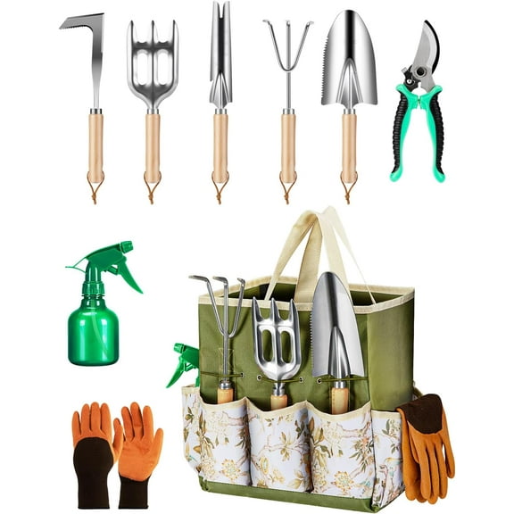 9-Piece Premium Gardening Tool Set for Women - Heavy Duty Stainless Steel Rust-Proof Tools with Fashion Storage Tote | Perfect Gardening Gifts for Mom, Mother's Day, Birthday & Outdoor (Green)