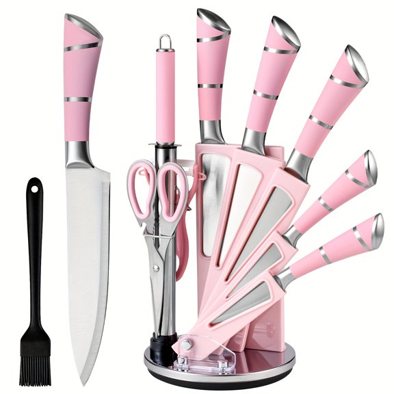 9-Piece Professional Kitchen Chef Knife Set with Built-in Sharpener Block  Holder, Ergonomic Handle, Multipurpose Knives for Meat, Bones, Fruits Vegetables, Ideal Gift Choice