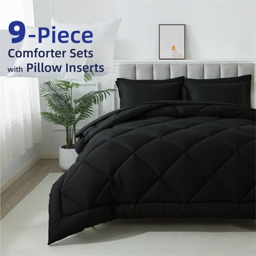 9-Piece Queen Size Down Alternative Comforter Set Black | Pillow Included | Ultra Soft, Hypoallergenic Bed in a Bag, All-Season Bedding Set by KINMEROOM