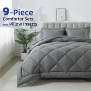 KINMEROOM 9-Piece Queen Size All-Season Bed in a Bag | Hypoallergenic Down Alternative Comforter Set | Dark Gray