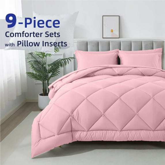 KINMEROOM 9-Piece Queen Size All-Season Bed in a Bag | Hypoallergenic Down Alternative Comforter Set | Pink