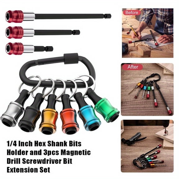 9-Piece Quick-Release Bit Holder & Magnetic Extension Set - 6 Keychains & 3 Extensions (2", 4", 6")