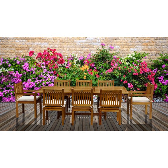 9 Piece Rectangular Teak Wood Elzas Outdoor Patio Dining Set With Cushions, A-Grade Teak Wood