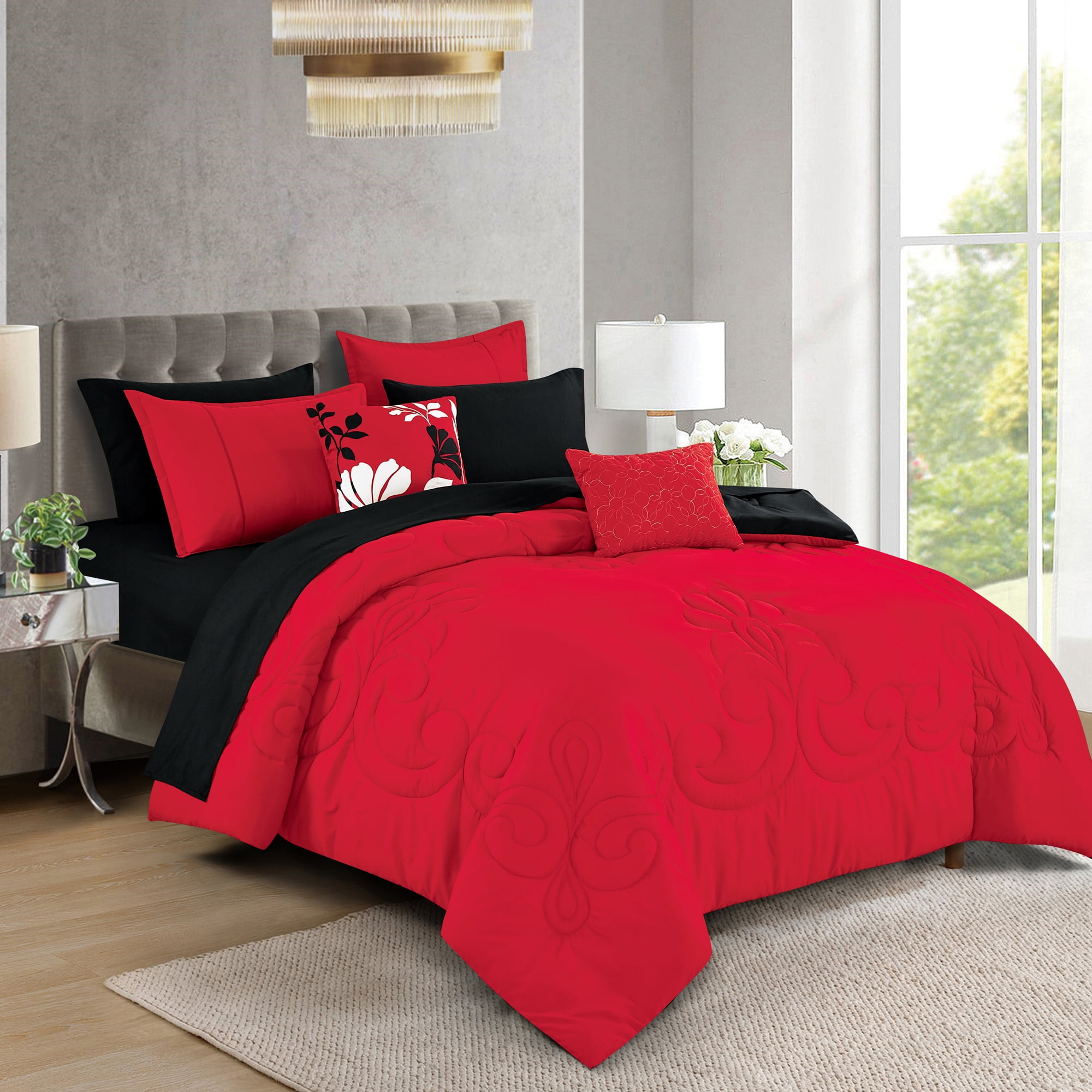 9-Piece Red & Black Floral Embroidery Comforter Set, Luxury Bedding with Sheets and Decor Pillows, King
