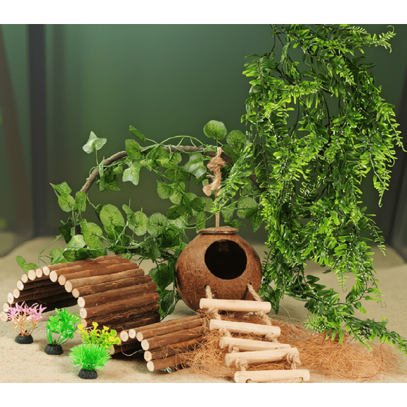9-Piece Reptile Tank Decor Set, Coconut Hut Hideout with Bendable Bridge, Artificial Vines and for Gecko Lizard