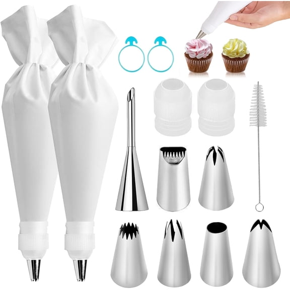 9-Piece Reusable Piping Bags and Tips Set-16inch Cotton Baking Kit with Coupler, Stainless Steel Nozzles & Cleaner for Cakes/Cupcakes/Cookies Decorating