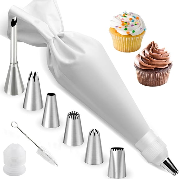 9-Piece Reusable Piping Bags and Tips Set-16inch Cotton Baking Kit with Coupler, Stainless Steel Nozzles & Cleaner for Cakes/Cupcakes/Cookies Decorating