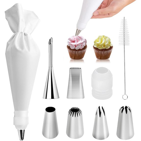 9-Piece Reusable Piping Bags and Tips Set- Cotton Baking Kit with Coupler, Stainless Steel Nozzles & Cleaner for Cakes/Cupcakes/Cookies Decorating