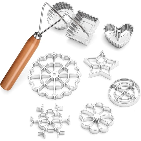 9 Piece Rosette Iron Mold Set with Double Headed Handle Bunuelos Molds with 8 Interchangeable Heads Timbale Cookie Mold Tool for Waffles Cakes Biscuits for Baking Cooking Kitchen