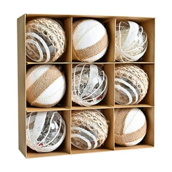9-Piece Rustic Christmas Ball Ornaments Set –3.15" Mixed Textures (Burlap, Felt, Clear) Shatterproof Baubles with Jute Hangers for Tree & Holiday Decor