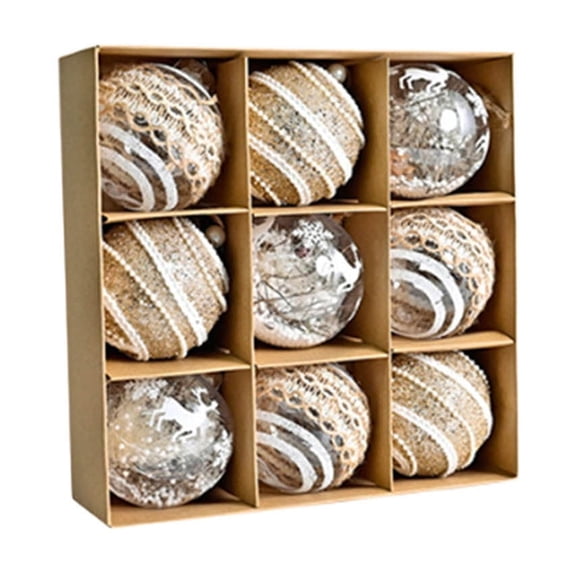 9-Piece Rustic Christmas Ball Ornaments Set –3.15" Mixed Textures (Burlap, Felt, Clear) Shatterproof Baubles with Jute Hangers for Tree & Holiday Decor