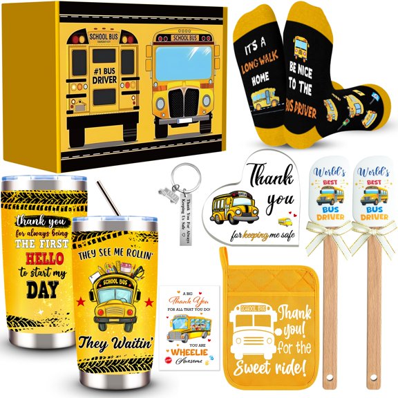 9-Piece School Bus Driver Appreciation Gift Set with Tumbler, Socks, Pot Holder & Decor