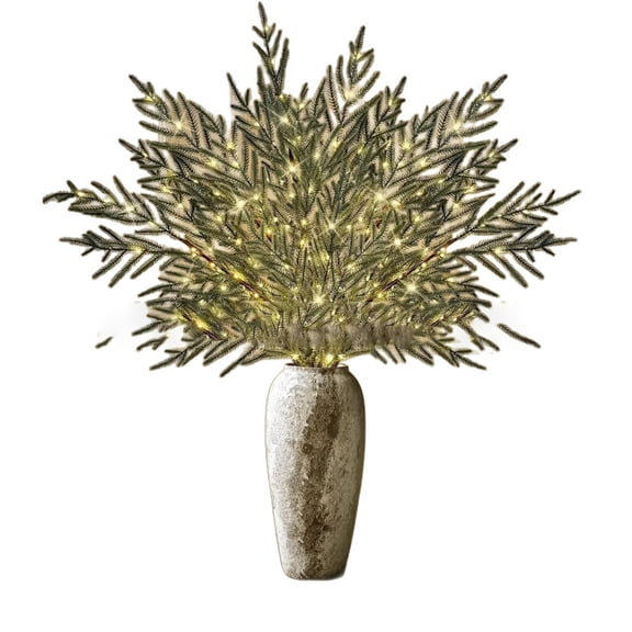 9-Piece Set 35" Pre-Lit Norfolk Pine Branches, Lighted Artificial Pine Stems with Warm Lights for DIY Christmas Wreaths, Garlands & Crafts