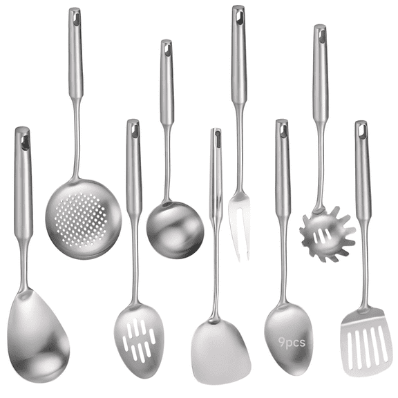 9-Piece Set Stainless Steel Kitchen Utensils, All Metal Cooking Utensil Set with Ladle, Spatula, Slotted Turner, Pasta Server, Skimmer, Fork, Solid & Slotted Spoon, Straining Spoon