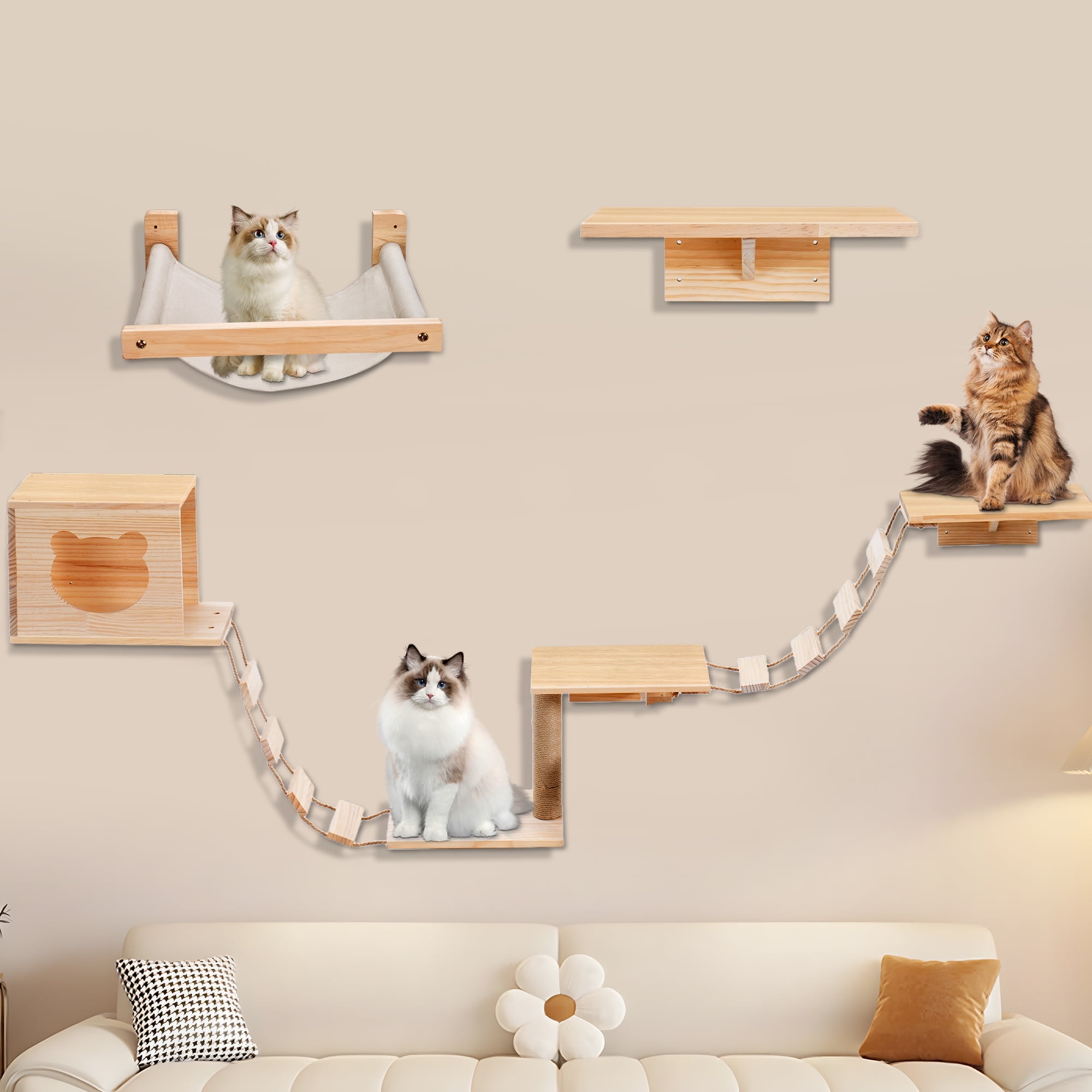 9 Piece Set Wall-Mounted Cat Climber Set for Cat Play & Fun, Wooden Wall Mounted Cat Furniture