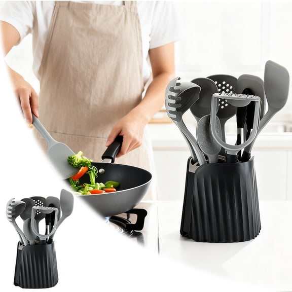 9 Piece Silicone Cooking Utensil Set with Storage Rack Heat Resistant Non Scratch Dishwasher Safe Complete Kitchen Tools for Baking Cooking