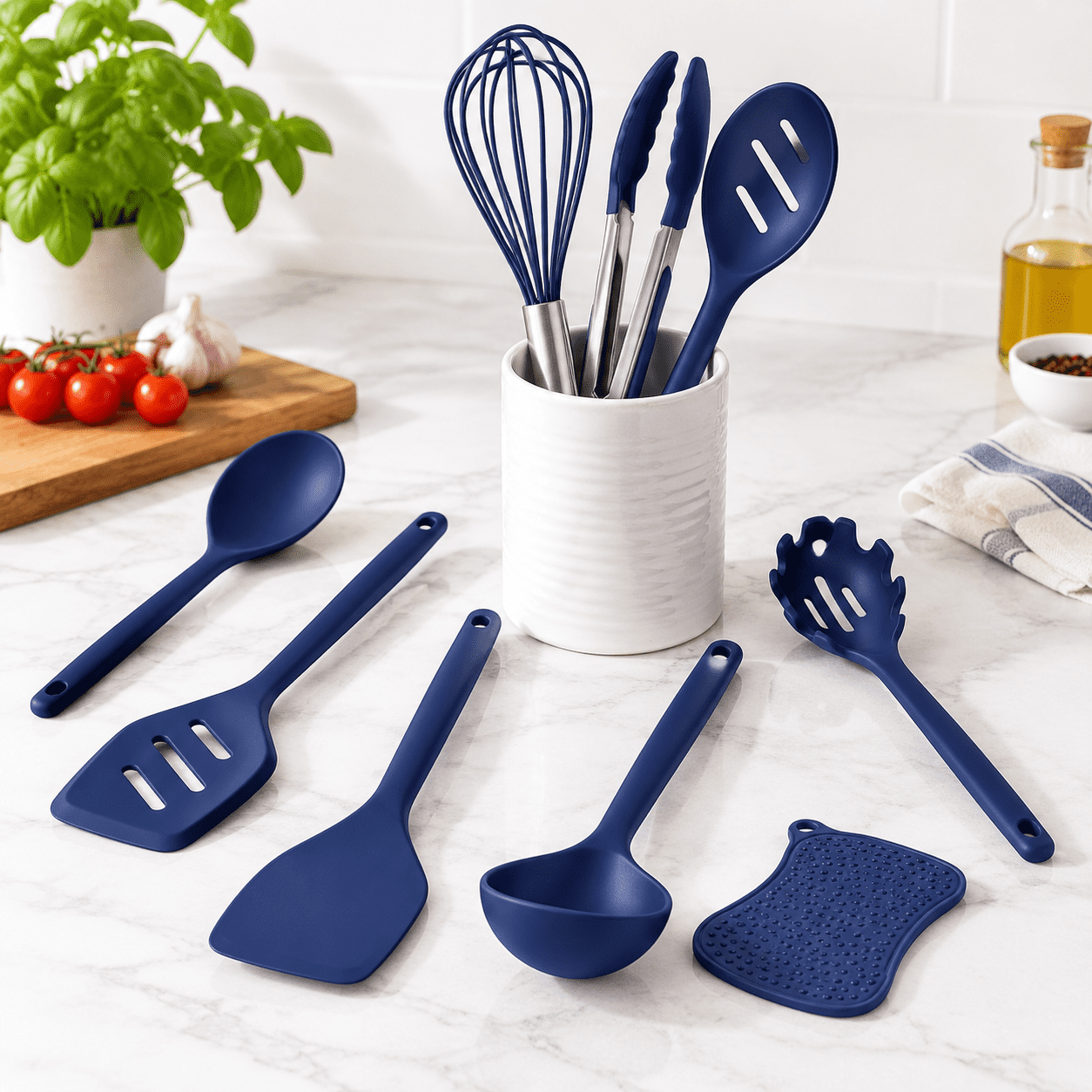 9-Piece Silicone Kitchen Utensil Set, Navy Blue, For Non-Stick Cookware ...