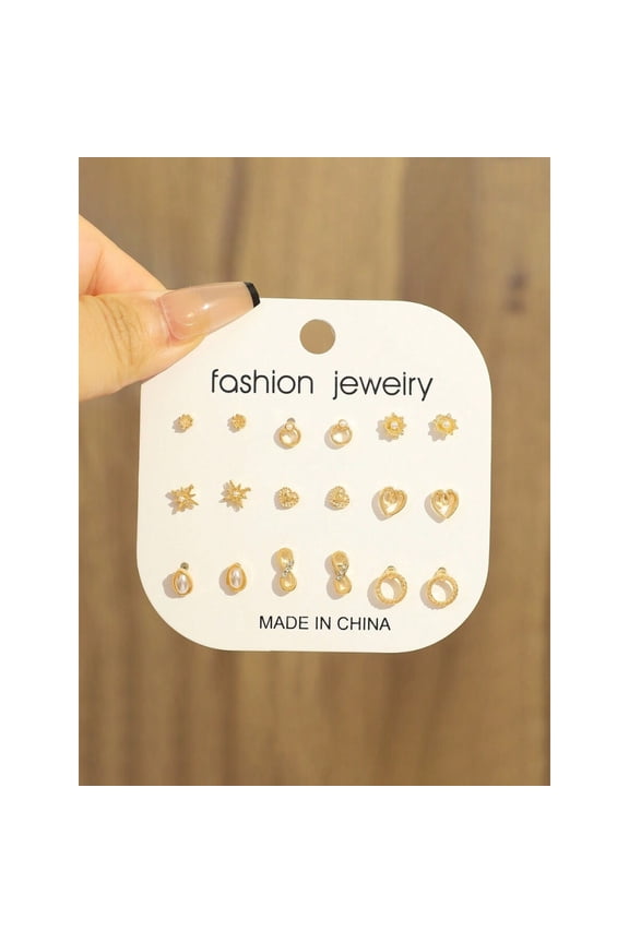 9-Piece Silver Tone Minimalist Stud Earring Set For Women, Pearl Rhinestone Hoop Star Heart Design
