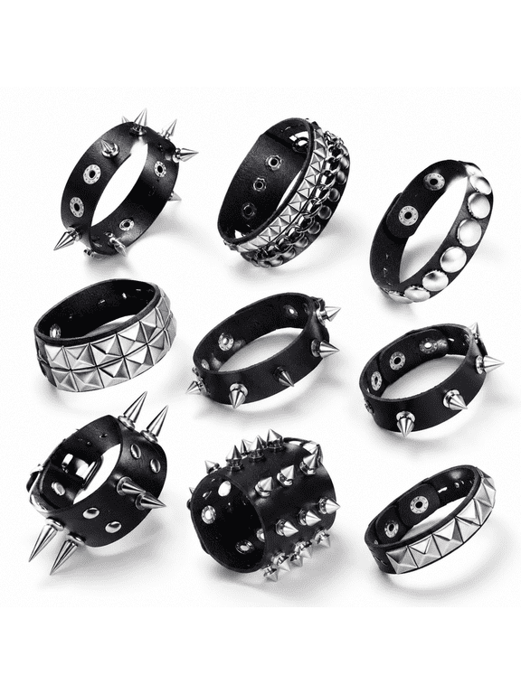 9-Piece Spiked Studded Leather Rivet Bangle and Bracelet Set - Adjustable Cuff Wrap Wristband for Punk Goth Rock Concert Fashion Accessory Style
