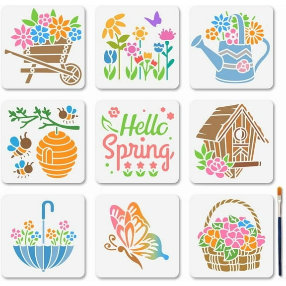 9-Piece Spring Nature Stencil Set - Flowers Birds Bee Butterfly Birdhouse Basket Umbrella Templates 5.9x5.9 Inch for Painting on Wood Walls Windows - DIY Craft Home Decor for making