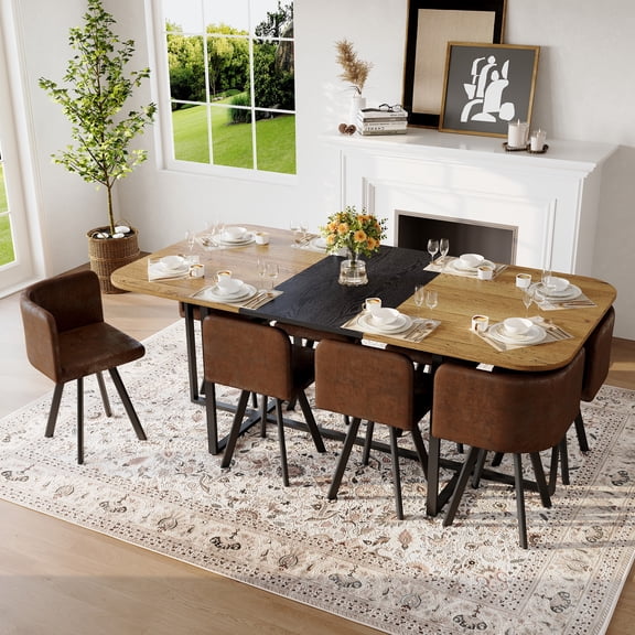 9-Piece Square Dining Table Set, Fixed Two-Tone Wood Grain & Black Wood Grain Triamine Tabletop with 8 Brown Suede Chairs, Modern Kitchen Table Set for 8 People, Ideal for Family Gatherings