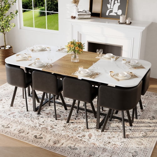 9-Piece Square Dining Table Set, Fixed White Faux Marble and Wood Grain Triamine Tabletop with 8 Black Faux Leather Chairs, Modern Kitchen Table Set for 8 People, Ideal for Family Gatherings