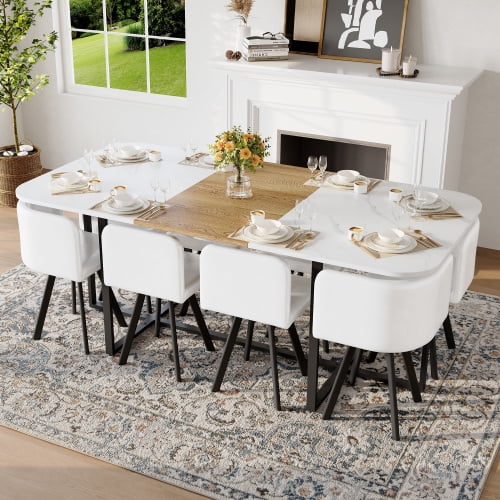 9-Piece Square Dining Table Set, Fixed White Faux Marble and Wood Grain Triamine Tabletop with 8 White Faux Leather Chairs, Modern Kitchen Table Set for 8 People, Ideal for Family Gatherings