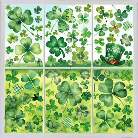 9-Piece St. Patrick's Day Static Cling Window Decals - Green Trefoil Watercolor Designs, Removable for Glass Doors & Holiday Home Decor