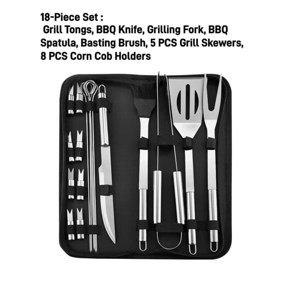 9-Piece Stainless Steel BBQ Grill Tool Set, Grilling Accessories Kit with Spatula Fork Knife Brush Tongs Carry Bag for Outdoor Barbecue, Silver