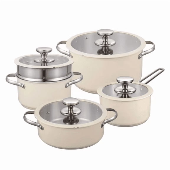 9-Piece Stainless Steel Ceramic Cookware Set Milk Pot, Stockpots, Non-Stick Pan, Lids & Steamer