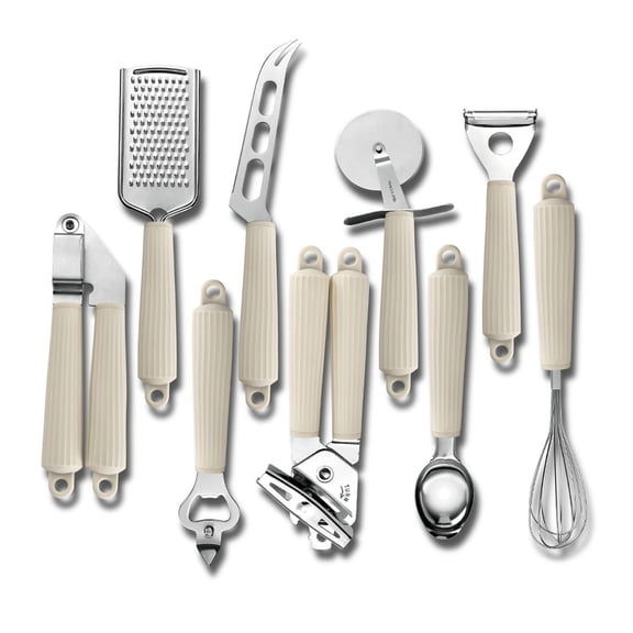 9-Piece Stainless Steel Kitchen Gadget Set, Ergonomic Handle Cooking Prep Tools including Can Opener Grater Peeler Pizza Cutter Cheese Knife Egg Whisk for Daily Food Preparation