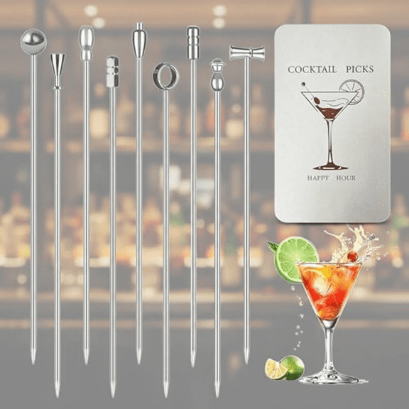 9-Piece Stainless Steel Martini Cocktail Picks, 4.1-Inch Reusable Olive Skewers and Garnish Sticks for Drinks, Appetizers, and Bartender Bar Accessories