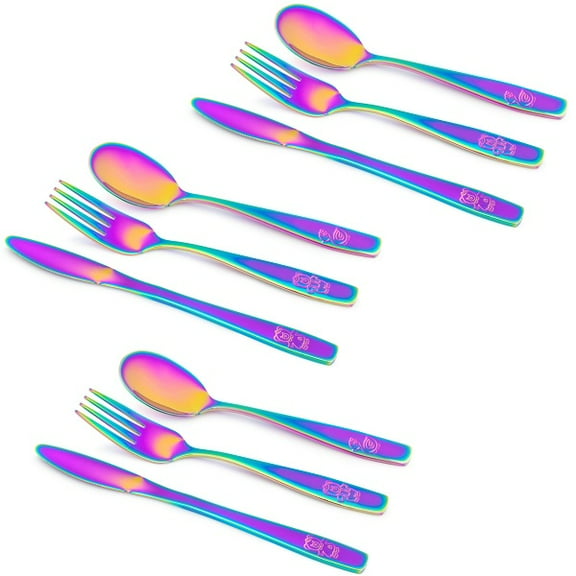 9 Piece Stainless Steel Rainbow Kids Cutlery, Child and Toddler Safe Flatware, Kids Silverware, Kids Utensil Set Includes 3 Knives, 3 Forks, 3 Spoons, Total 3 Settings, Ideal for Home and Preschool